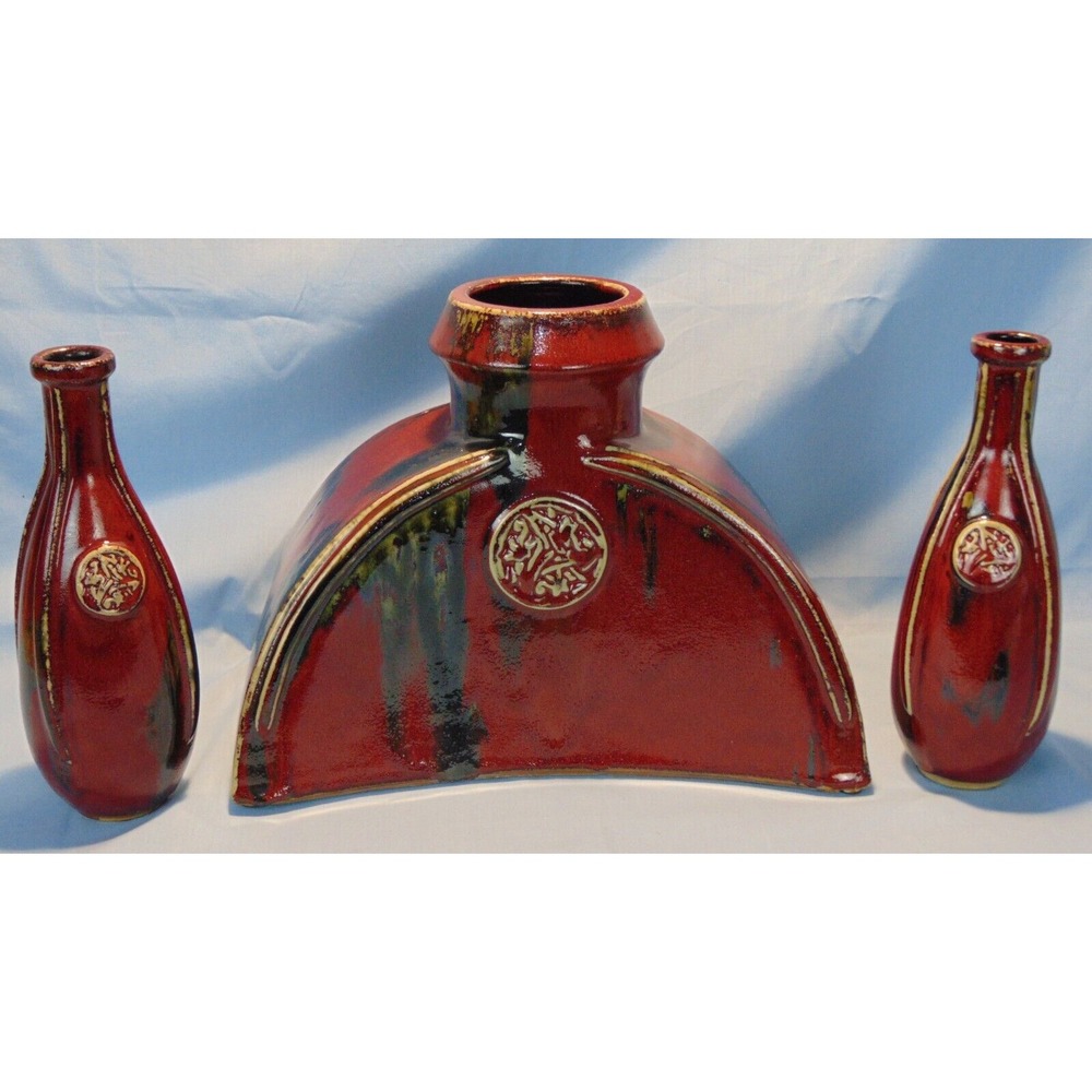 Large Medallion Flambe Oxblood Glaze Chinese Porcelain Ceramic Pottery Vase Set